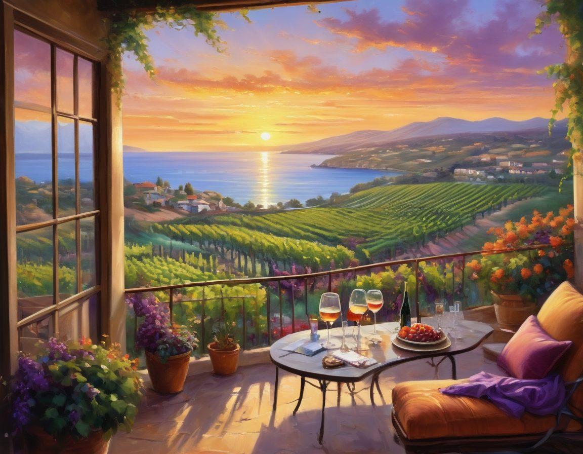 A picturesque vineyard landscape with rolling green hills, showcasing luxurious villas nestled among grapevines. In the foreground, a cozy terrace with wine glasses and a bottle, overlooking a serene beach at sunset. The sky is a blend of warm oranges and purples, creating a romantic ambiance. Include delicate grape clusters hanging and a glimpse of sparkling water in the distance. vibrant colors. painting.