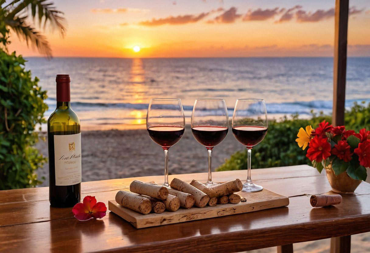 A luxurious oceanview villa terrace featuring a beautifully set wooden table with an elegant wine bottle and two crystal glasses filled with red wine. In the background, rolling waves caress the sandy beach, and the sunset casts a warm golden glow over the scene. Lush greenery and vibrant flowers create a tropical oasis ambiance, inviting relaxation and indulgence. A pair of wine corks lie playfully beside the glasses. super-realistic. vibrant colors. sunset backdrop.