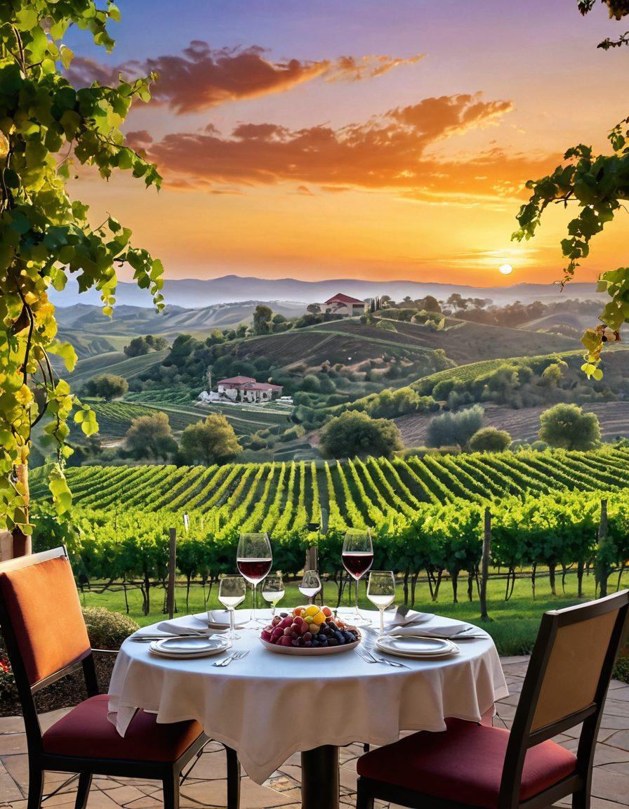 A serene vineyard landscape with luxurious accommodations in the background, featuring elegantly set wine tasting tables adorned with glasses of fine wine and gourmet cheese platters. Lush grapevines stretch towards a sunset sky, reflecting warm golden hues. Soft seating areas invite relaxation amongst nature, with a gentle breeze rustling the leaves. Capturing the essence of indulgence and tranquility. super-realistic. vibrant colors. scenic backdrop.